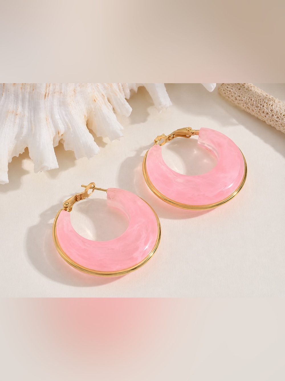Blush Pink Resin Hoop Earrings | PVD Gold Plated Stainless Steel |